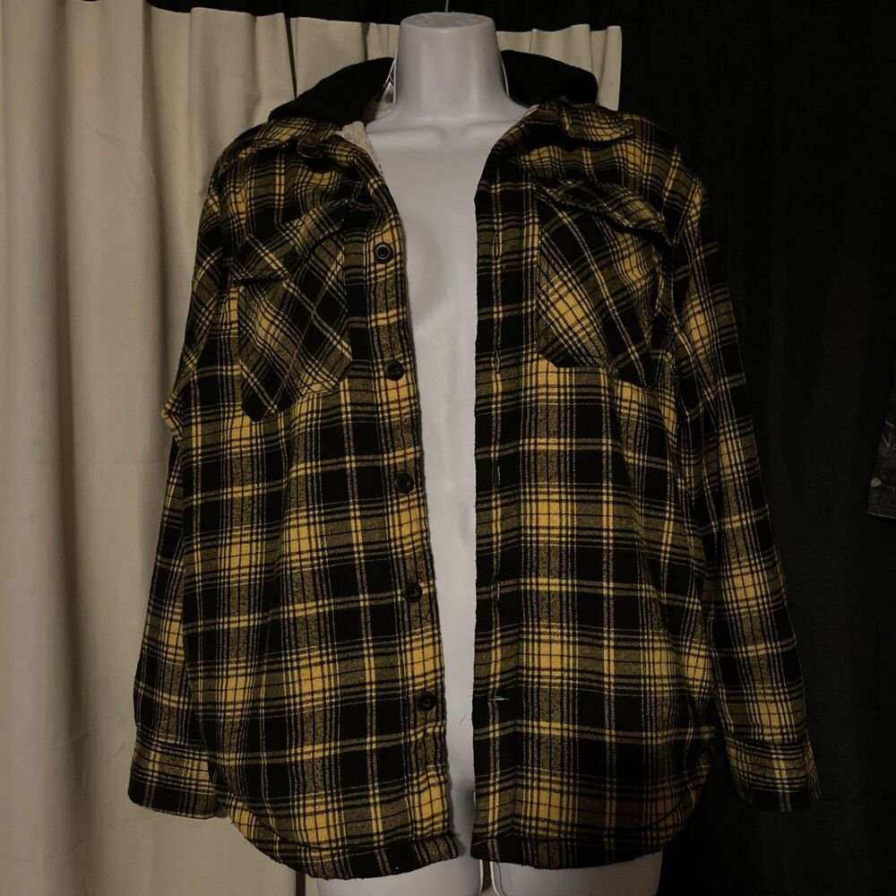 DRL Essentials Sz Small Flannel Sherpa Hoodie Shirt Long Sleeve Yellow & Black